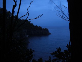 橋立吊橋手前の山道から見た夕暮れの海